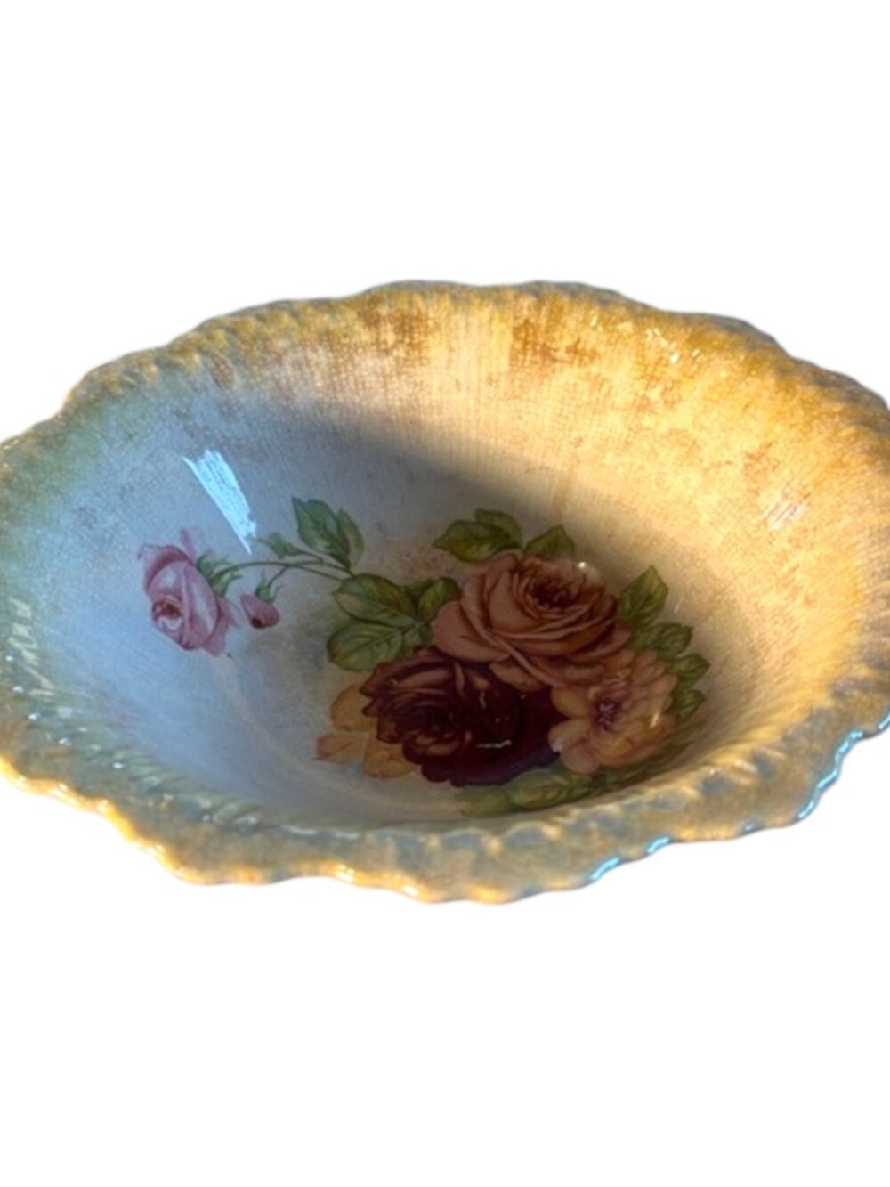 Vintage Antique Lusterware Scalloped Ceramic Floral Rose Serving Bowl 11”